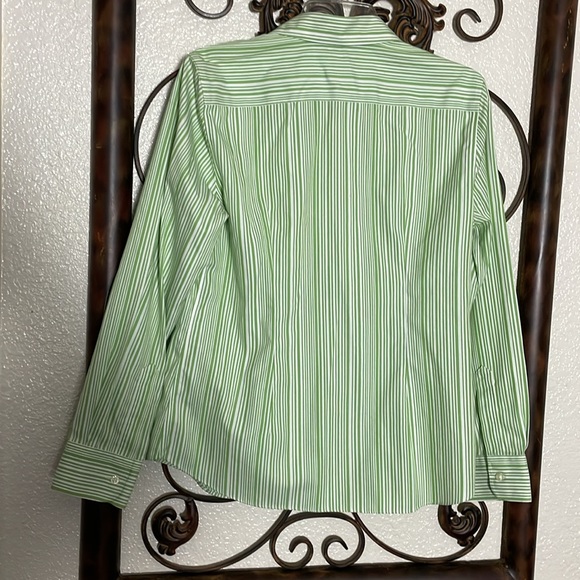Women’s size 10 Lands’ End green/white pinstripe button-down long sleeve shirt - Picture 7 of 11